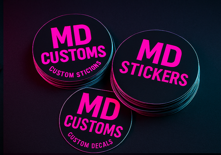 MD Customs product collection with custom t-shirts, stickers and mugs